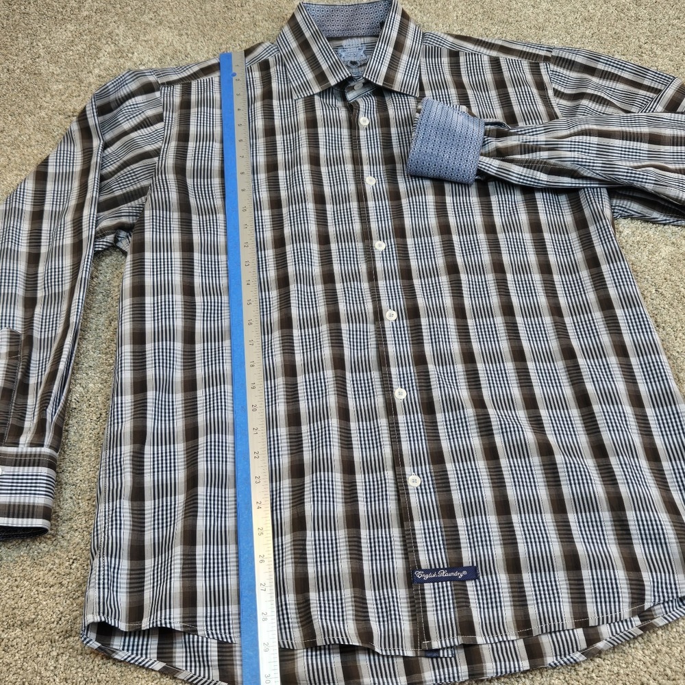 English Laundry Mens Size 16 1/2 34/35 Button Down Shirt Brown Blue Plaid - Picture 3 of 10